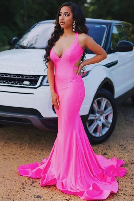 Hot Deal puff sleeve dressSleeveless Hot pink Criss-cross Back Mermaid Long Train Prom Dresses Y1032