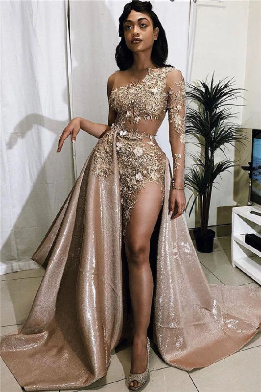 Final Markdown Sexy Gold Two-piece Prom Dress Sequins Long Sleeve On One Side