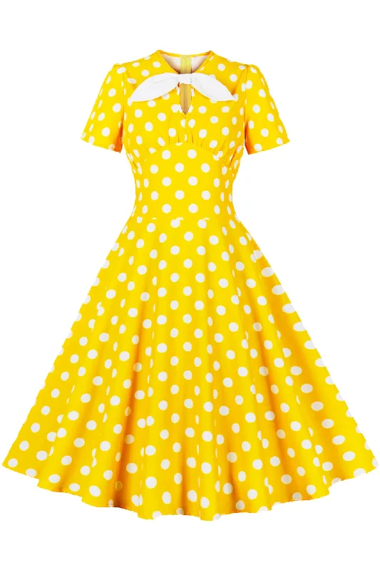 Extra Savings chic shift dressYellow and White Polk Dots Bow Swing Dress
