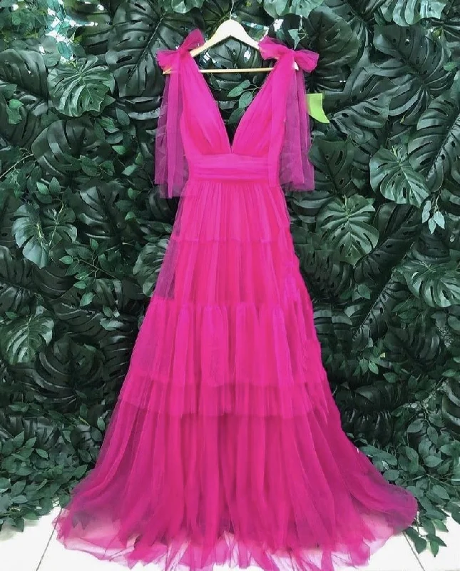 boho dressCharming A-line Hot Pink Tulle Long Formal Dress,V Neck Prom Dress  Y1882