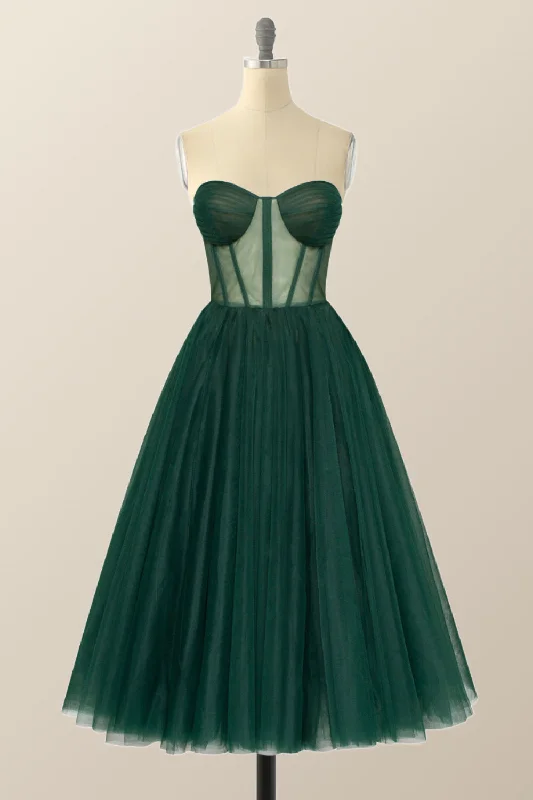 Flash Deals structured dressSweetheart Emerald Green Tulle A-line Midi Dress