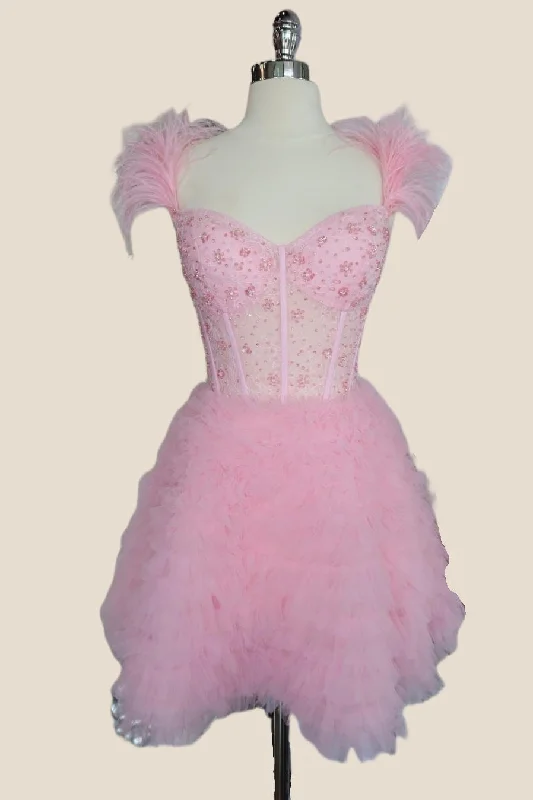 Online Specials ruffle dressFeather Straps Pink Beaded Ruffle Short Princess Dress Online Specials ruffle dressFeather Straps Pink Beaded Ruffle Short Princess Dress