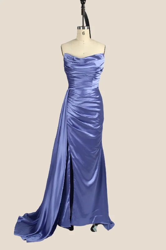 Deep Discounts elegant dressSmoky Blue Ruched Long Dress with Slit