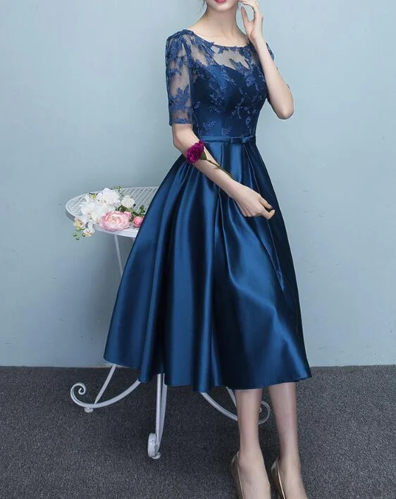 Shop and Save puff sleeve dressBlue Short Sleeves Tea Length Prom Dress, Blue Bridesmaid Dresses, Wedding Party Dresses Y1323