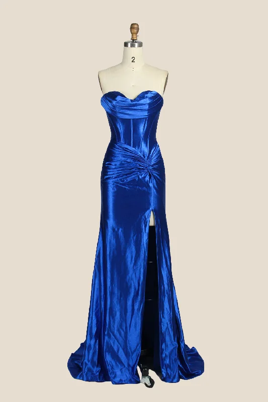 Factory Direct Sale silk dressSweetheart Royal Blue Mermaid Long Dress with Slit
