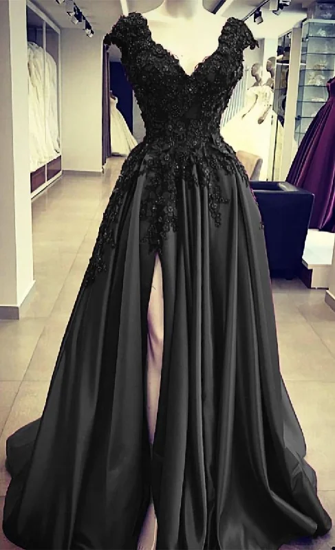 statement dressBlack Satin Slit Dresses, With Lace Embroidery Prom Dresses Y1764