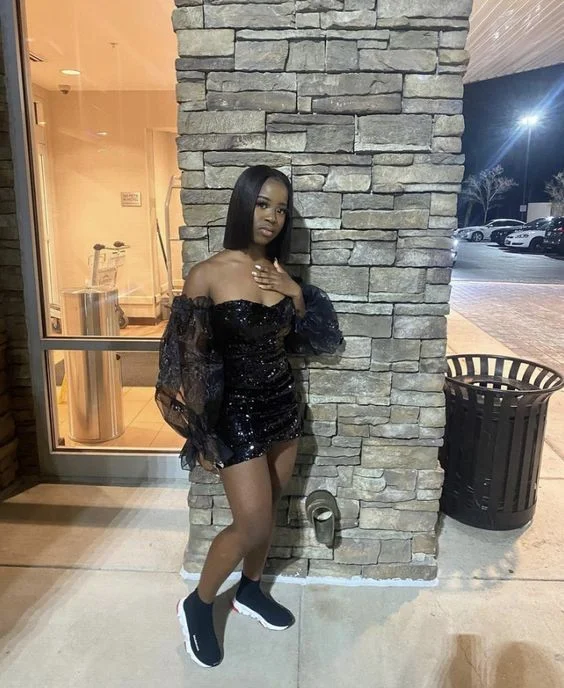 Blowout Sale modern dress18th Birthday Outfit Dress For Black Girls,Black Sequins Short Homecoming Dress,Removable Sleeves Y1384