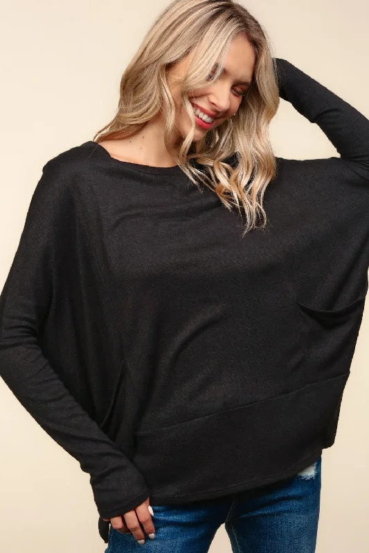 Mega Sale sporty outerwearPLUS BLACK DOLMAN LONG SLEEVE OVERSIZED SWEATER KNIT TOP