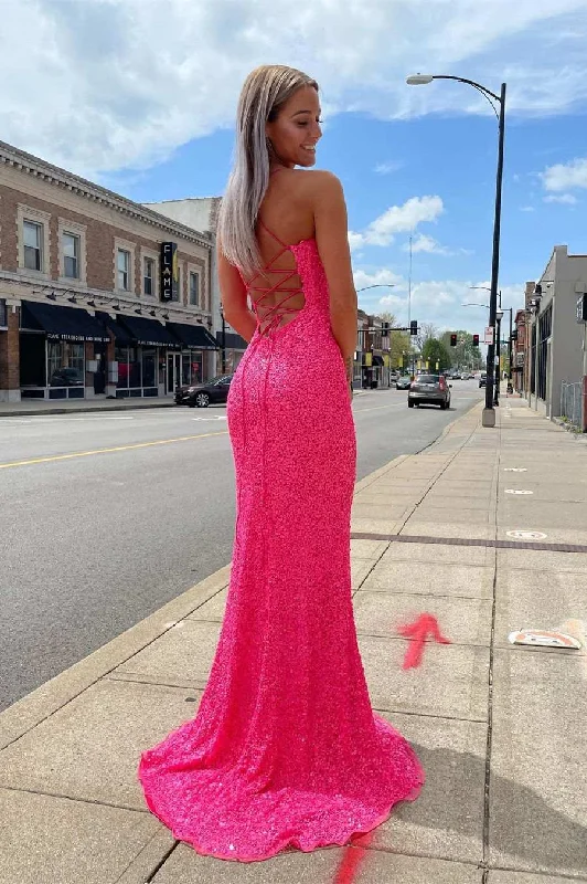 trendy mini dressGlitter Straps Hot Pink Sequins Prom Dress with Slit Y1679