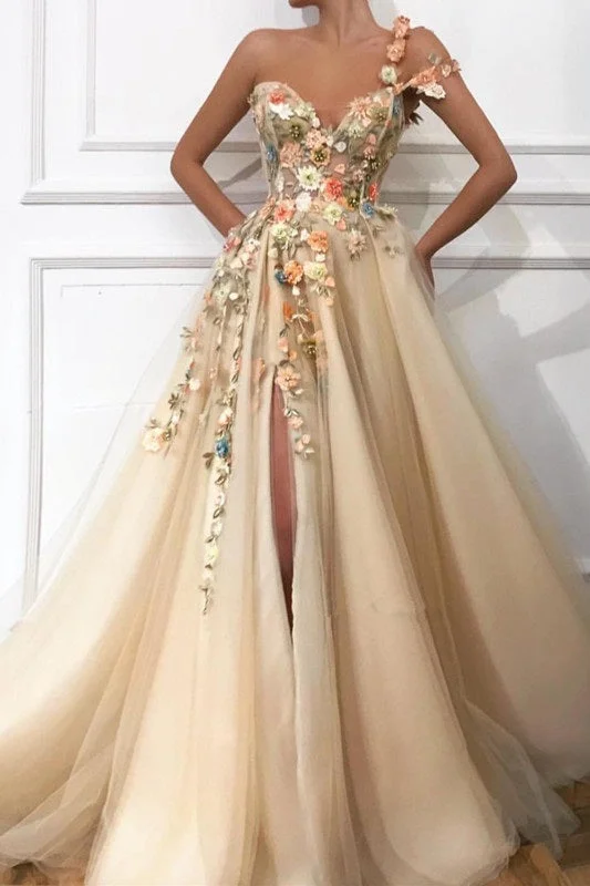 Epic Deals One Shoulder Ball Gown Prom Dress Applique Light Gold  V-Neck Long Tulle