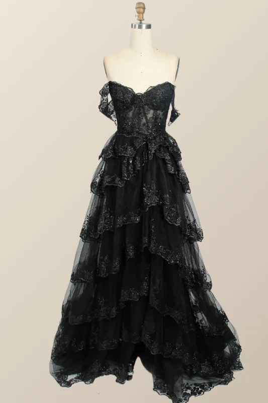 Midnight Sale party-ready dressBlack Lace Off the Shoulder Tiered Layers Long Formal Gown Midnight Sale party-ready dressBlack Lace Off the Shoulder Tiered Layers Long Formal Gown