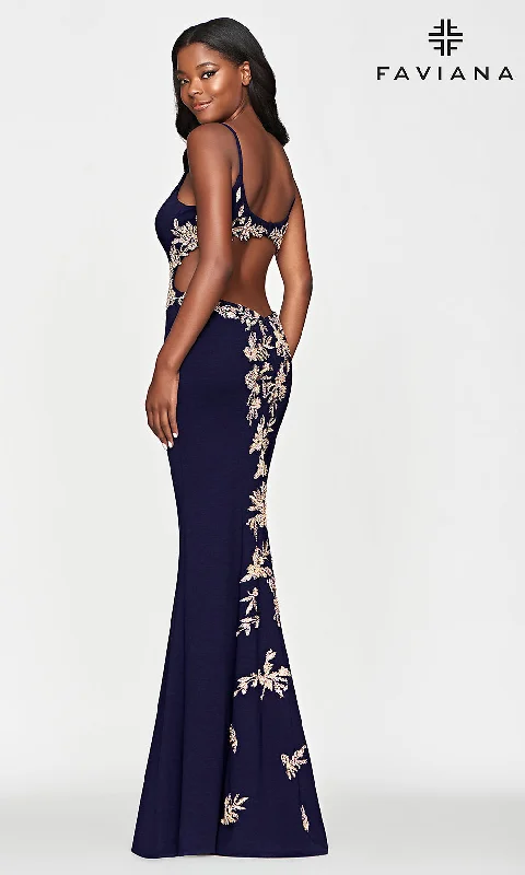Can't Miss ashionable dressFaviana Gold-Beaded Navy Blue Long Prom Dress