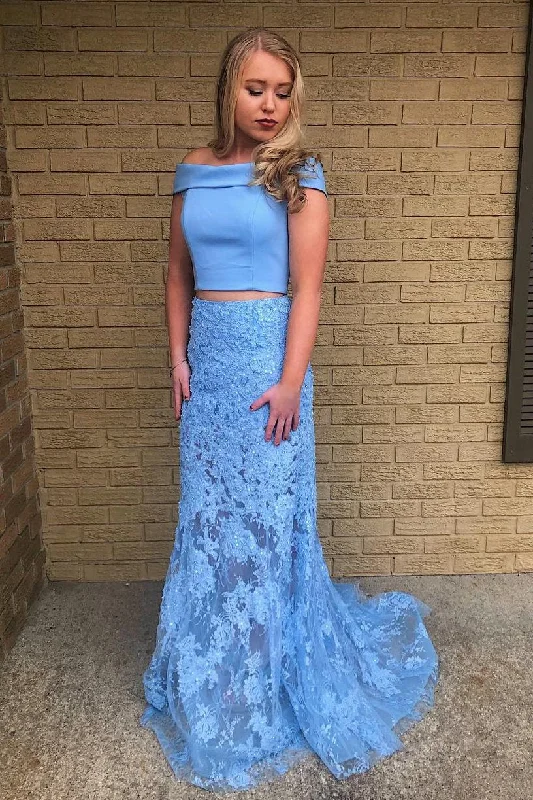 Year-End Clearance Two Piece Mermaid Off Shoulder Lace Sky Blue Prom Dress JKG028