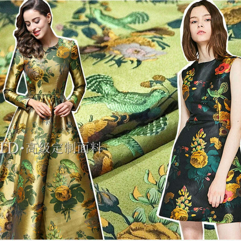 Can't Miss everyday winter coatBrocade Jacquard Fabric Spring Autumn Winter Flowers Birds Thick Dress Trench Coat Fashion Design Sew Wholesale Material Cloth