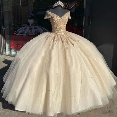 Grand Opening Sale flowy dressOff The Shoulder Quinceanera Dresses Champagne Lace Appliqued Beaded Ball Gown Y586