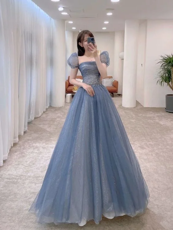 Daily Specials casual shift dressA-line Blue Tulle Long Prom Dress Bubble Sleeves Y271 Daily Specials casual shift dressA-line Blue Tulle Long Prom Dress Bubble Sleeves Y271