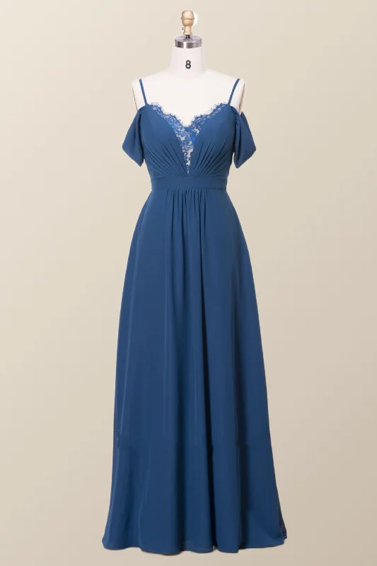 Exclusive Savings midi dressOff the Shoulder Navy Blue Chiffon Long Bridesmaid Dress