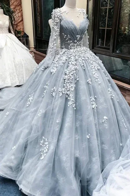 Clearance Sale Romantic Light Grey Long Sleeves Floral Lace Applique Court Train  Ball Gown  GJS662