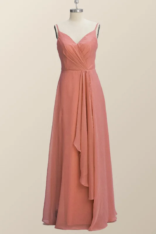 Loyalty Reward sophisticated dressStraps Coral Chiffon A-line Ruffle Long Bridesmaid Dress