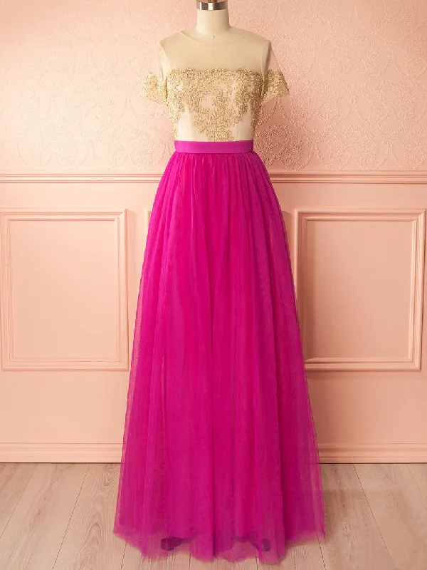 Today’s Deal Fuchsia Prom Dresses Scoop Appliques Tulle Long Prom Dress/Evening Dress JKL069