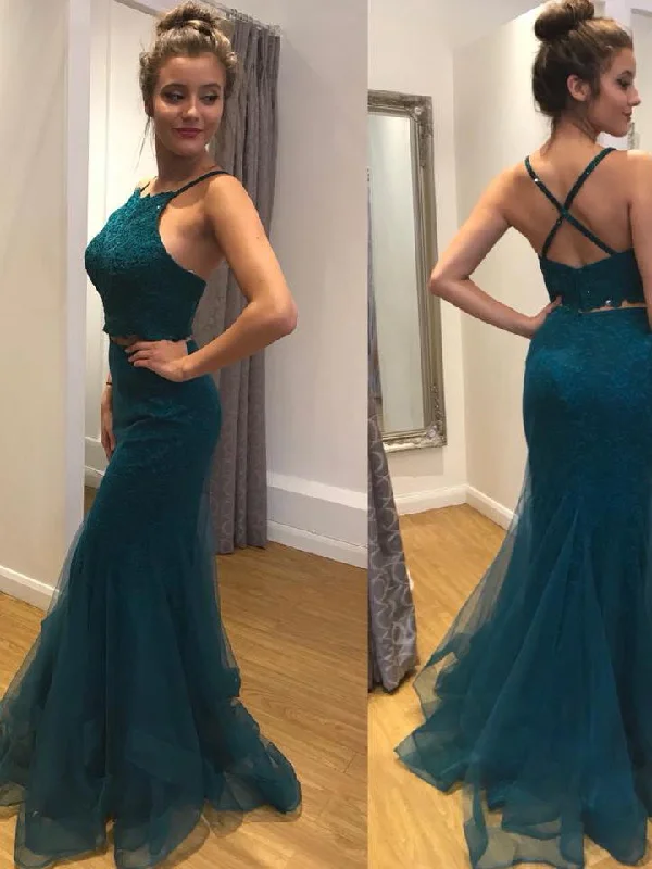 Extra Discounts Two Piece Mermaid Prom Dresses Halter Floor-length Lace Long Sexy Prom Dress JKL685