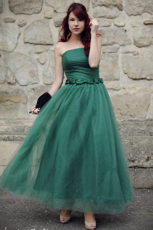 Unbeatable Prices A-line Strapless Floor Length Tulle Bows Backless Prom Dress