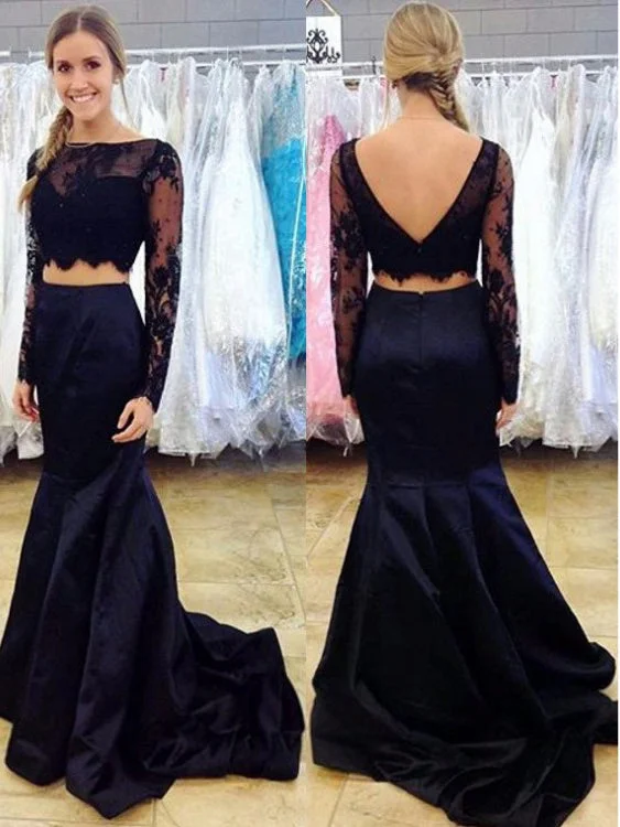 Grand Opening Sale Two Piece Prom Dresses Long Sleeves Sweep Train Black Lace Prom Dress JKL883