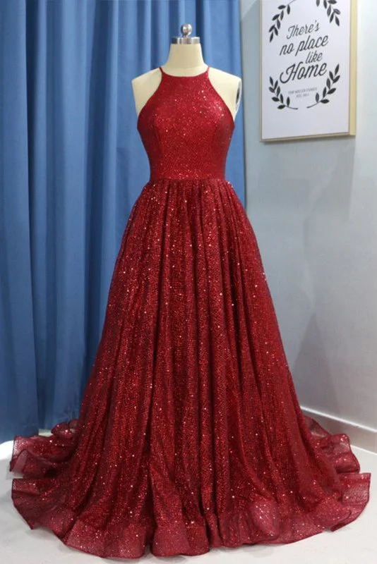 Weekend Flash Sale A Line Red Halter Shiny Long Prom Dresses GJS637