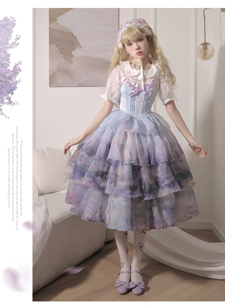 Bonus Savings long-sleeve floral dressUrtto~Swan Lake~Sweet Lolita JSK Dress Tiered Oil Painting Dress