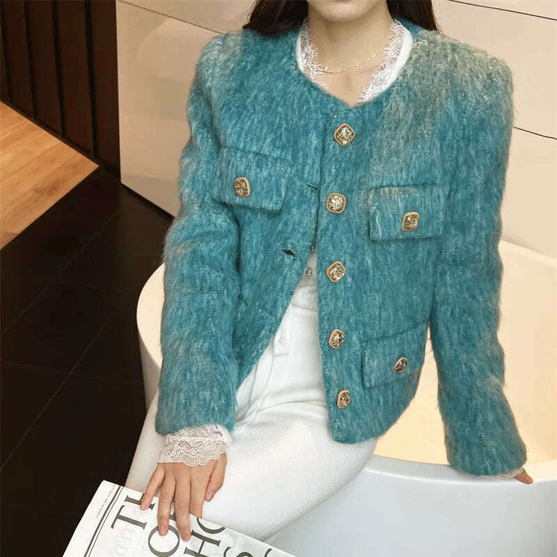 minimalist jacket2023 Spring Autumn New Refined Elegant Temperament Round-Neck Wool Fur Short Coat Women Blue Jacket