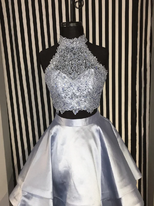 Referral Discount Homecoming Dress Sexy Two Pieces Silver Short Prom Dress Party Dress JKS039