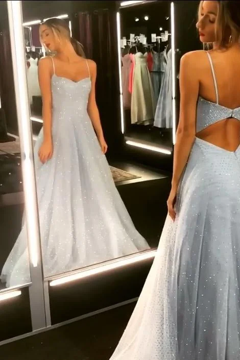 Reduced Prices Spaghetti Straps Silvery Sexy Prom Dress Tulle Sequins Long