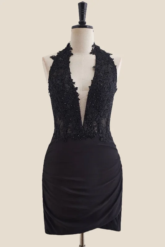 Grand Opening Sale luxury dressHalter Black Appliques Ruched Bodycon Short Dress