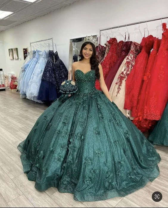 Shop and Save elegant evening dressRomantic Dark Green Sweetheart Neckline Adult Dress Appliqued Lace Bustier Sweetheart Ball Gown Y289