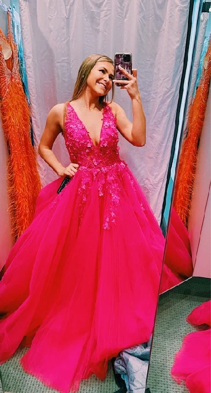 lace-up dressA-line V Neck Tulle Prom Dress,Hot Pink Graduation Dress Y1865