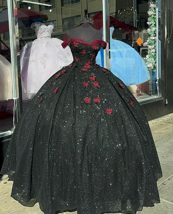 Sale Event bohemian dressGlitter Black With Burgundy Butterflies Quinceanera Dress Sweet 16 Dress Ball Gown Y1415