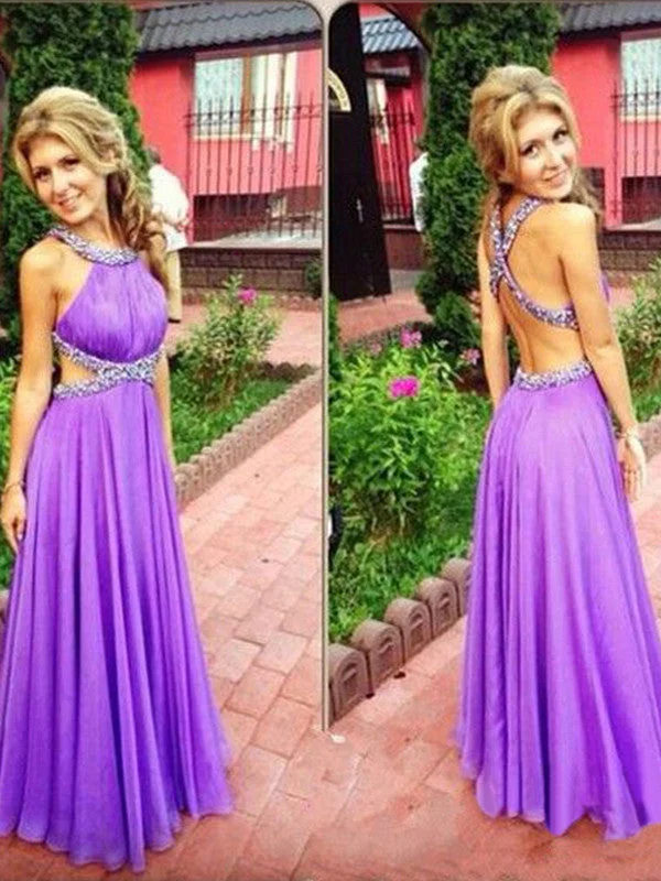 Referral Discount sexy  prom dresses A-line Scoop Floor-length Chiffon Prom Dress/Evening Dress #MK014