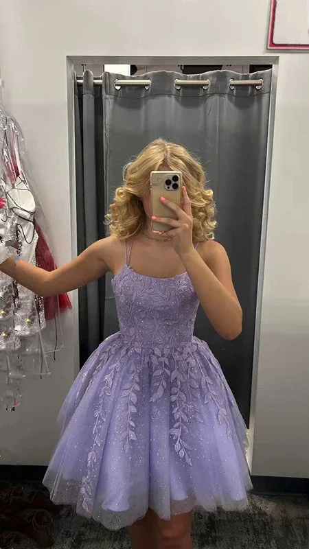 Act Now cocktail party dressprincess short lavender A-line lace appliqued homecoming dress party dress Y1227