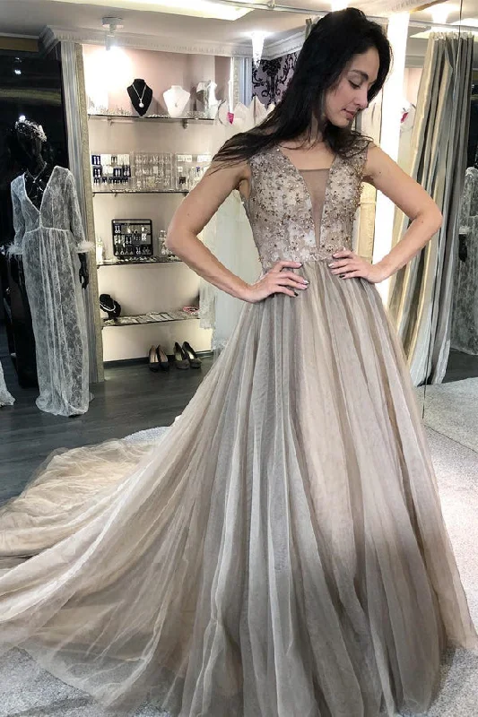 Act Now A-Line V-Neck Sweep Train Light Grey Prom Dress with Beading JKR323