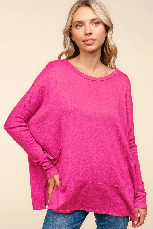 Holiday Sale casual utility jacketPLUS FUCHSIA DOLMAN LONG SLEEVE OVERSIZED SWEATER KNIT TOP