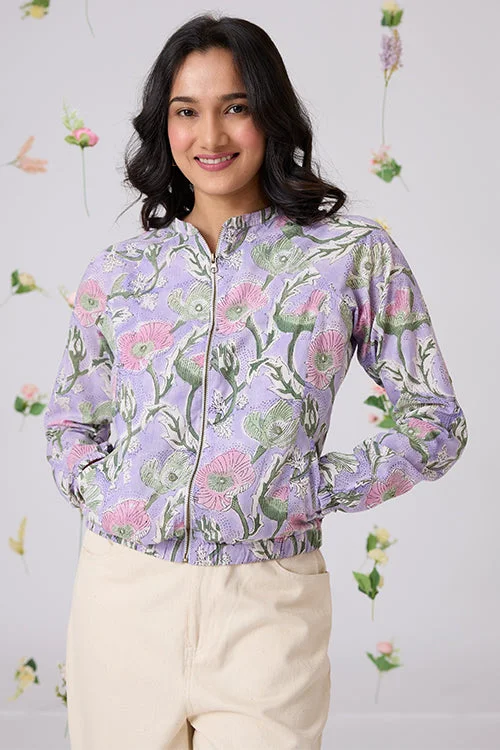 Quick Sale elegant coatOkhai "Lavender Love" Hand-Embroidered Mirrorwork Handblock Printed Pure Cotton Bomber Jacket