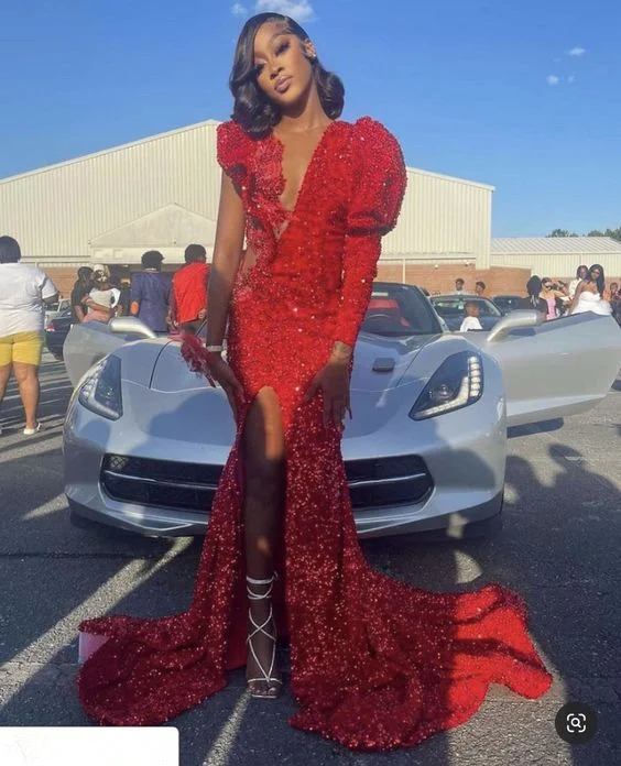 Blowout Sale layered dressGenerous Red Sequins Mermaid Prom Dress,Chic Red Glam Dress Y1280