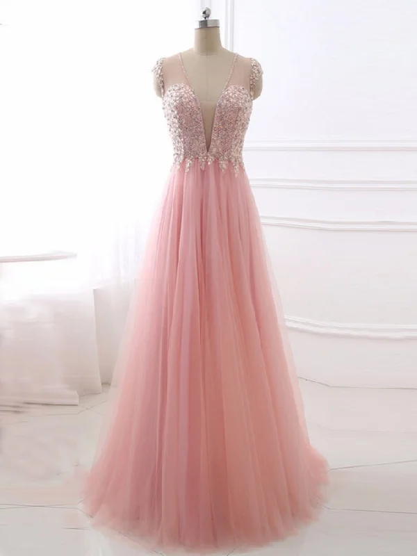 Fantastic Deals Pink Chic Prom Dresses V-neck Floor-length Tulle Rhinestone Prom Dress/Evening Dress JKS125