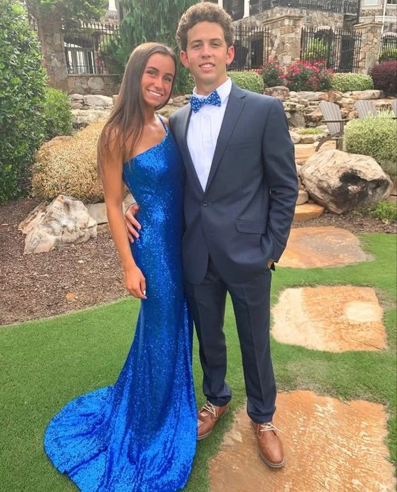 Act Fast puff sleeve dressOne Shoulder Royal Blue Sequin Mermaid Prom Dresses Y1264