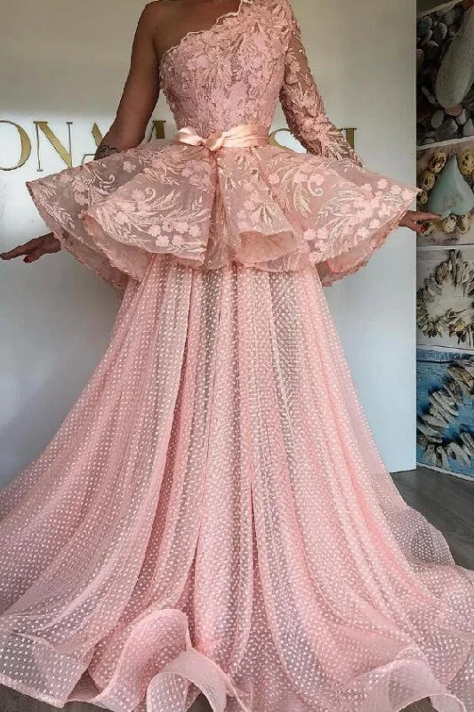 Take Advantage Pink Elegant Organza Long Prom Dress One Shoulder With Long Sleeve On One Side
