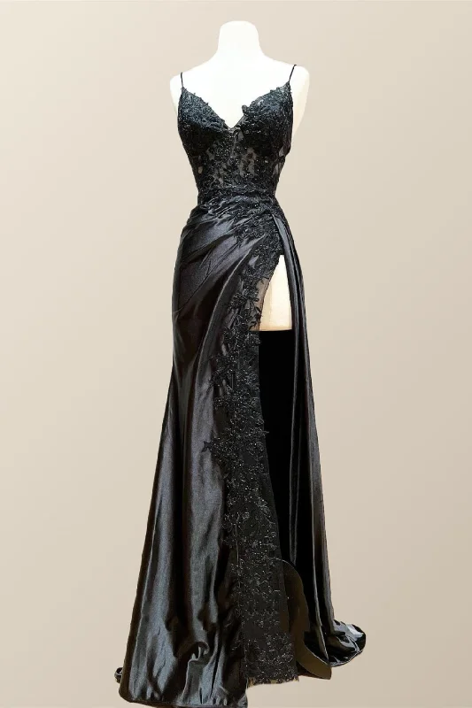 Savings Galore velvet dressStraps Black Appliques Long Formal Dress with Slit