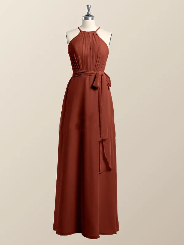 Warehouse Sale puff sleeve dressHalter Burgundy Chiffon A-line Long Bridesmaid Dress
