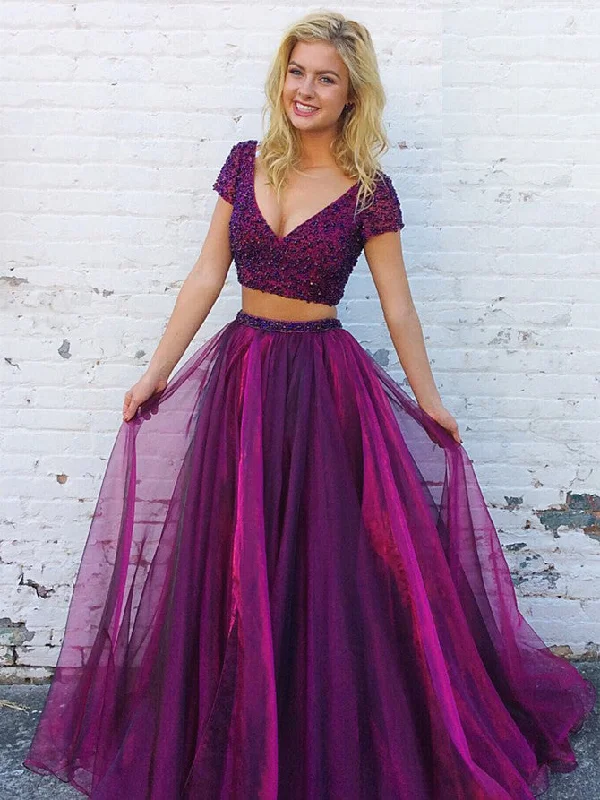 Deal of the Day Two Pieces Prom Dresses Sexy V-neck Long Prom Dress/Evening Dress JKS079
