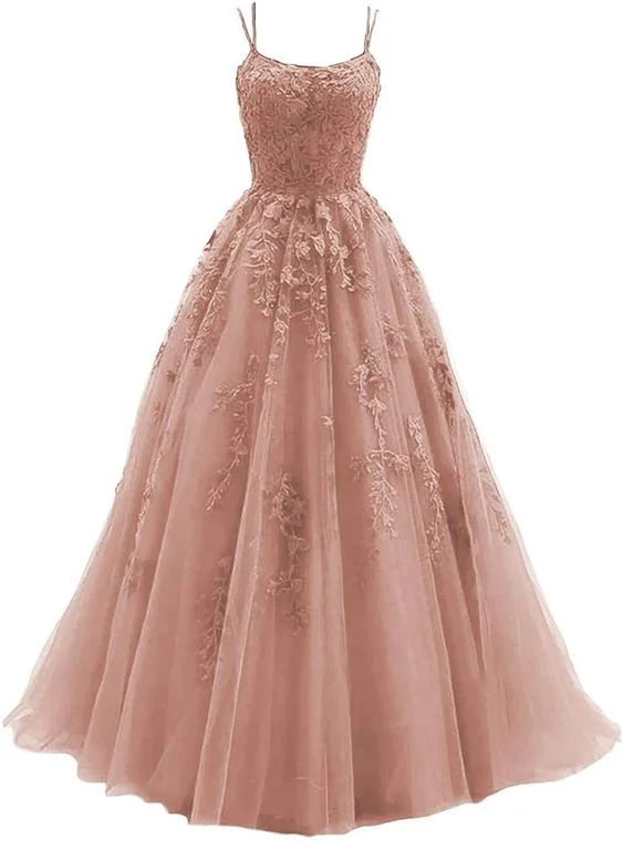 Special Promotion floral midi dressWomen's Lace Applique Prom Dresses Long Spaghetti Straps Tulle Formal Evening Party Gowns Y752