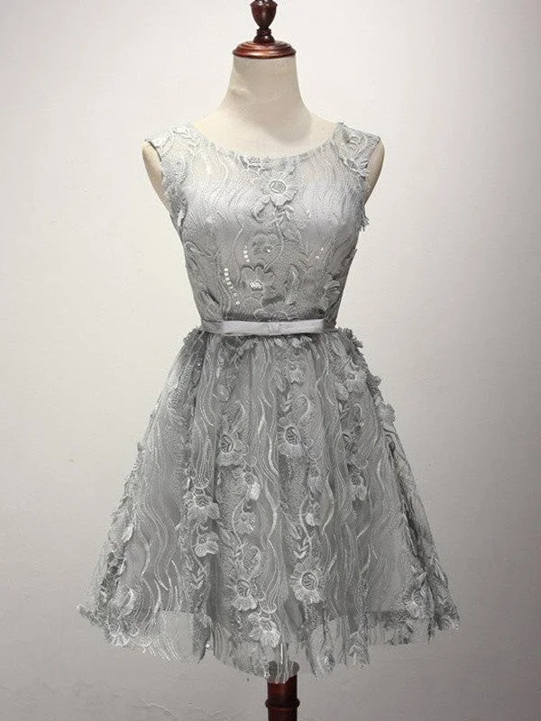 Best Deals Homecoming Dress Chic Scoop Silver Lace Short Prom Dress Party Dress JK214